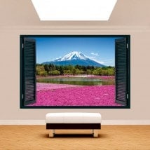 Windows 3D pink flowers gardens Mount Fuji