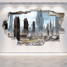Rattan wall vinyls 3D city of the future Scifi