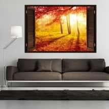 3D tree window red leaves autumn