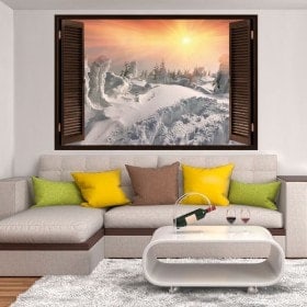 Windows vinyl 3D sunset in the snowy mountains