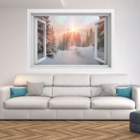 Windows 3D sunbeams snowy mountains