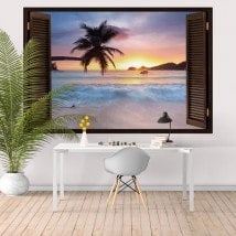 Windows in vinyl sunset on the beach 3D