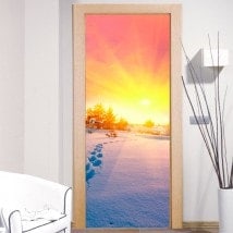 Decorative Wall Decals Doors Sunset Snowy Mountains