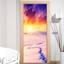 Vinyls and stickers doors sunset snowy mountains