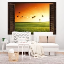 Decorative vinyl window birds at sunset 3D