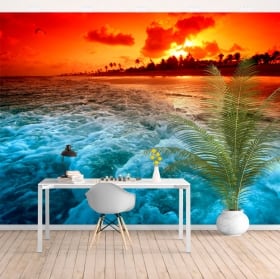 Wall mural palm trees sunset on the beach