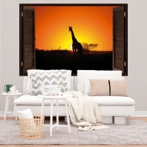 Decorative vinyl giraffe at sunset 3d window