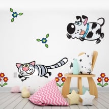 Wall murals flowers dog and cat