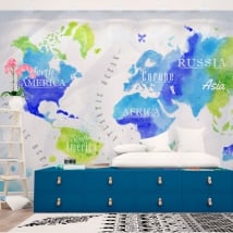 Wall murals on watercolor world map