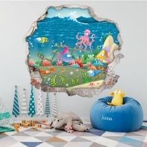 Children's vinyl fishes hole wall 3d