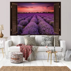 Wall stickers window sunset in the field 3D