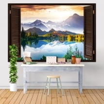 Vinyl and stickers window sunset lake and mountains 3d