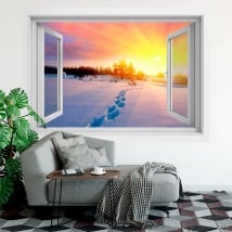 Vinyl window winter sunset in the mountains 3d