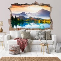 Vinyl hole wall sunset lake and mountains 3d