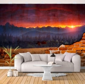 Photo murals sunset in the mountains broken wall