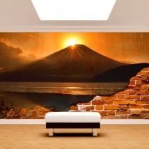 Photo mural broken wall sunset mount fuji lake kawaguchi