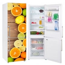 Vinyl and stickers decorate refrigerators fruit wood background