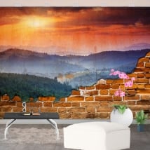 Murals sunset mountains broken wall