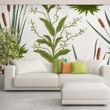 Wall murals of vinyls with flowers and cattails or typha