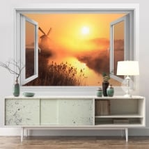 Vinyl walls window 3d sunset windmill holland