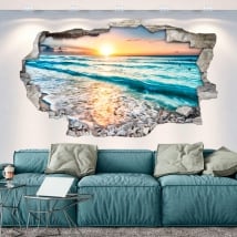 Vinyl hole wall sunset on the beach 3d