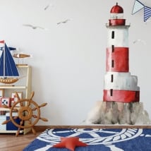 Vinyl and stickers lighthouse with seagulls in watercolor