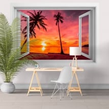 3d vinyl windows palm trees sunset on the beach