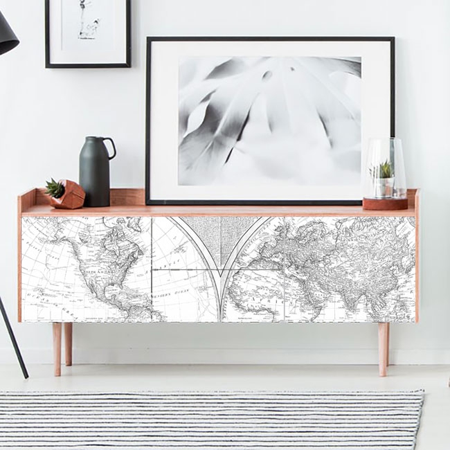 Vinyl for furniture or cabinets black and white world map