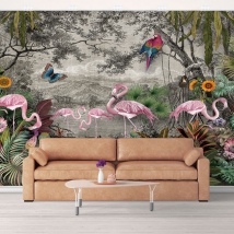 Wall mural or wallpaper tropical jungle flamingos and birds