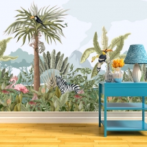 Tropical landscape wallpaper or mural with flamingo, zebra and toucan