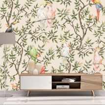 Wall mural or wallpaper tropical birds in tree watercolor effect