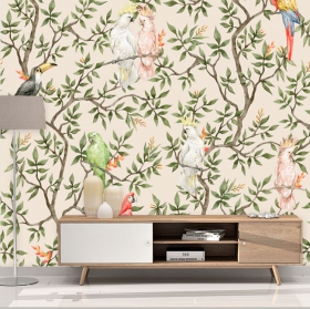 Wall mural or wallpaper tropical birds in tree watercolor effect