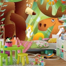 Wallpaper or wall mural animal drawings in children's forest