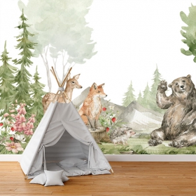 Forest with watercolor animals wall mural or wallpaper