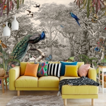 Forest mural or wallpaper with peacock birds and animals