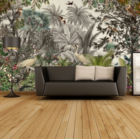 Wallpaper or mural landscape plants animals vintage