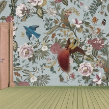 Vintage flowers and birds wall mural or wallpaper