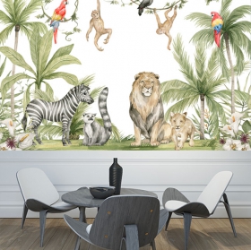 Tropical jungle animals watercolor style wall mural or wallpaper