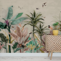 Tropical plants and birds wallpaper or mural