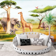 Giraffe safari landscape watercolor wall mural or wallpaper