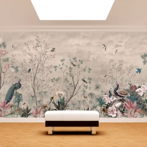 Wallpaper or mural vintage drawing peacock and flowers