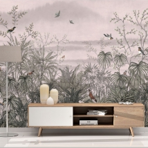 Wall mural or wallpaper landscape drawing flowers and birds