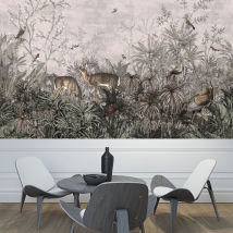 Wallpaper or mural vintage drawing forest and owl animals