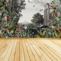 Wall mural or wallpaper ruins with plants and peacock birds