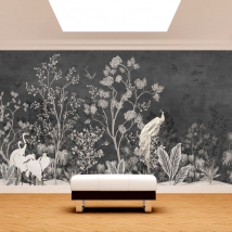 Wall mural or wallpaper classic drawing plants and birds gray