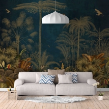 Wall mural or wallpaper drawing palm trees jungle butterflies birds