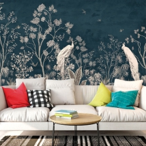 Wallpaper or mural drawing plants vintage birds