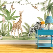 Wallpaper or mural tropical landscape giraffe zebra toucan monkeys