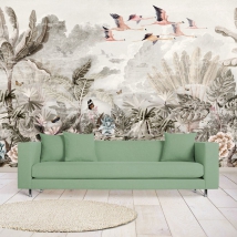 Wallpaper or mural vintage landscape plants and flamingos