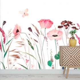 Watercolor flower and butterfly wall mural or wallpaper